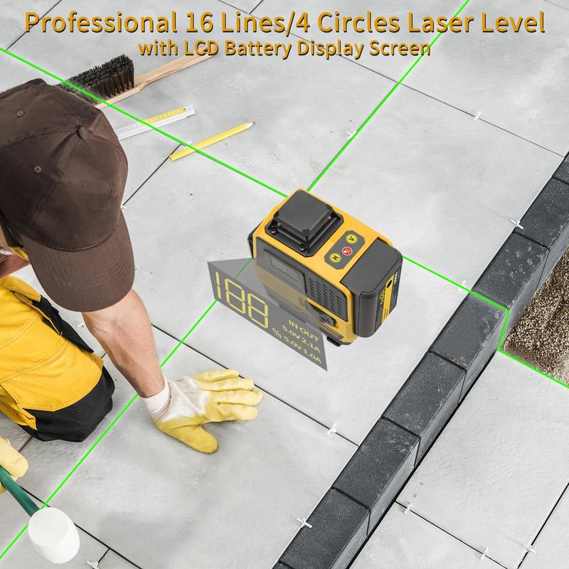 Laser Levels, 4x360 Self Leveling 16 Lines Green Beam 4D Cross Professional Line Laser Tool, LCD Screen, Remote Controller, Lifting Base 7