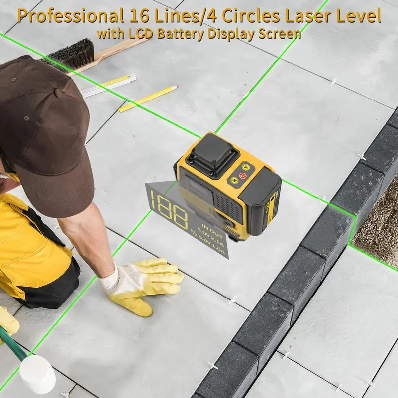 Laser Levels, 4x360 Self Leveling 16 Lines Green Beam 4D Cross Professional Line Laser Tool, LCD Screen, Remote Controller, Lifting Base 7