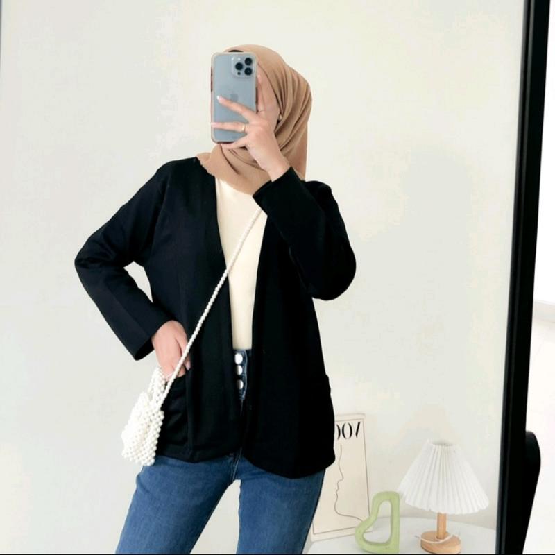 Blazer WANITA Kekinian Scuba polos Tanpa kancing Nabila Blazer Outer OOTD Basic Jaket Cewek Atasan Casual Panjang Hitam Tebal 9