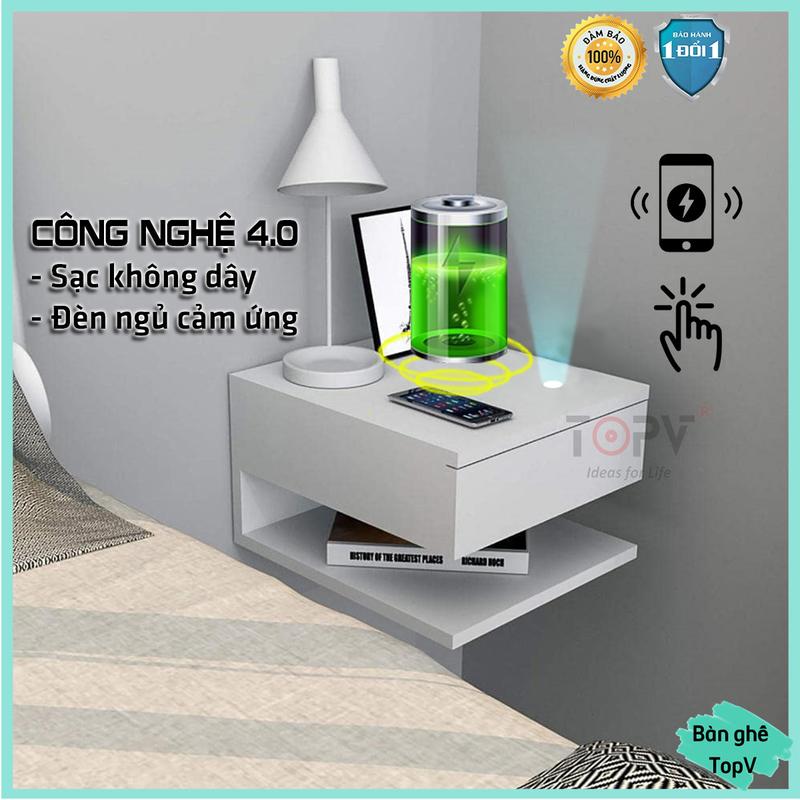 Kệ đầu giường TopV kèm đèn ngủ sạc không dây thông minh tủ tab đầu giường mini táp decor gỗ để kê phòng ngủ
