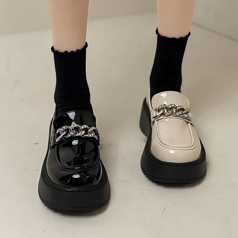 Giày oxford nữ quai xích màu đen kem da bóng đế cao 4 cm