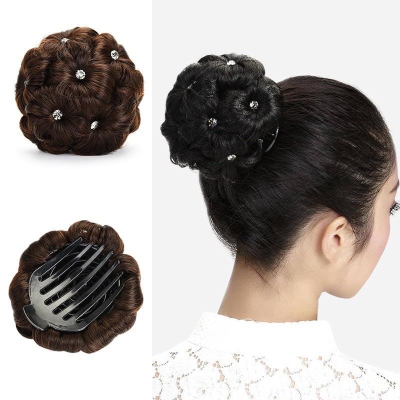 Búi tóc giả đẹp thời trang trung niên : BÚI HOA ĐÍNH ĐÁ Women Nữ Wig