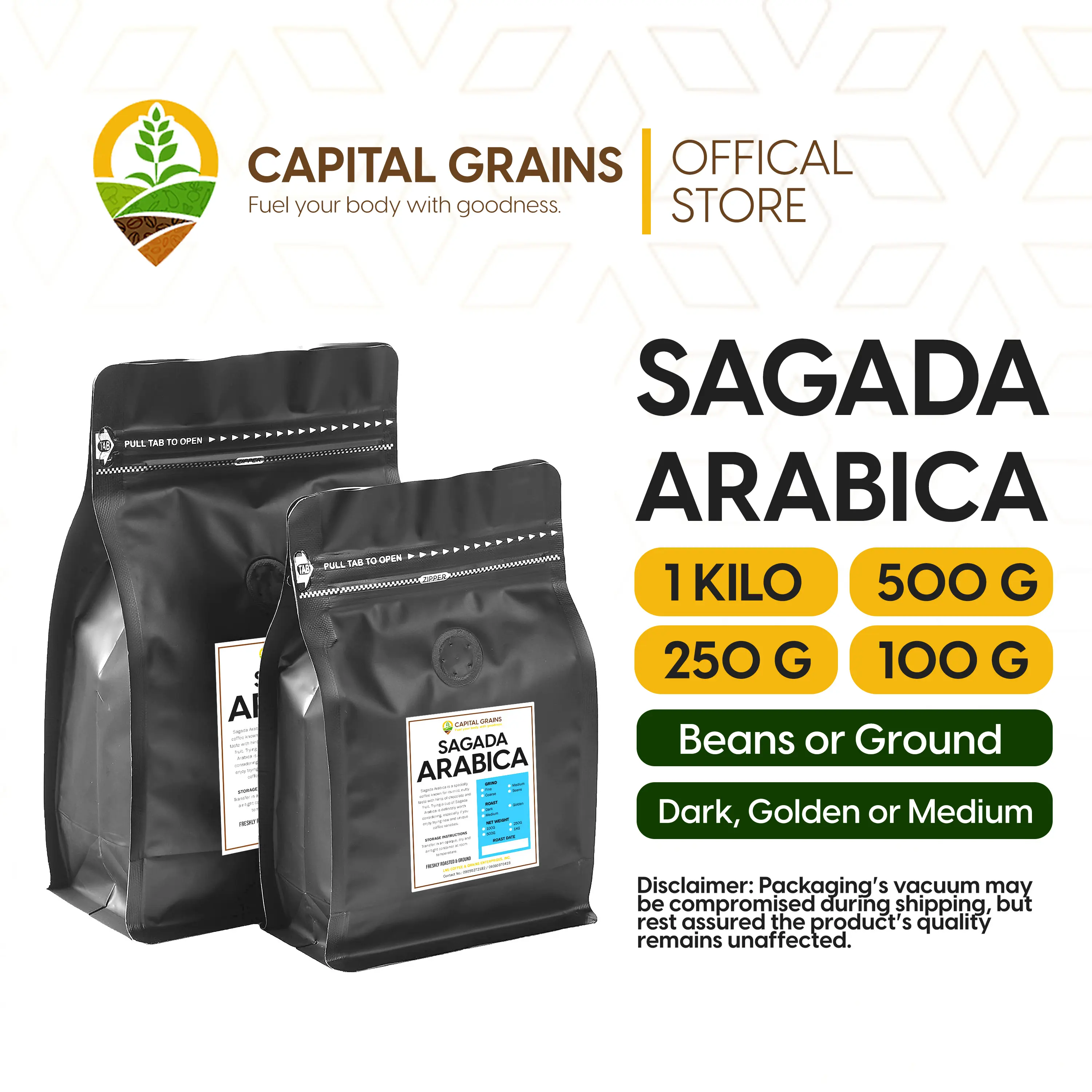 [CG] Sagada Arabica Coffee in Resealable Pouch Beans or Ground Fresh Roast 1KG/500G/250G (Wholesale) Espresso Latte Brewed Coffee for Coffee Shop by CAPITAL GRAINS