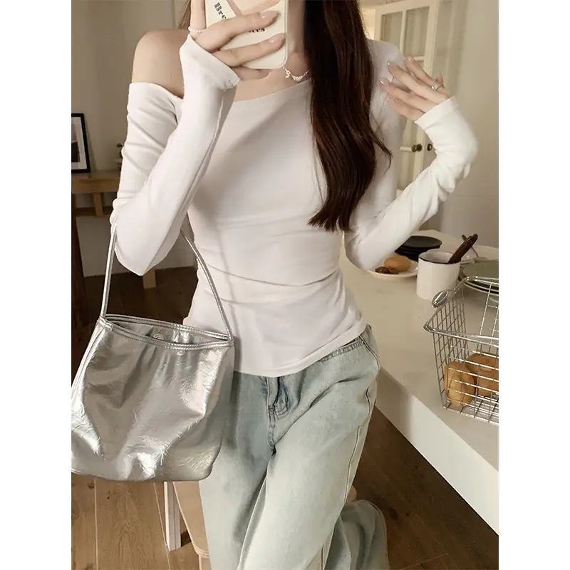 Áo trễ vai ôm body thời trang thun tăm lạnh - Top, Nữ áo  siết áo  trễ áothunnu áo  lệch đen fom 80kg đính bông