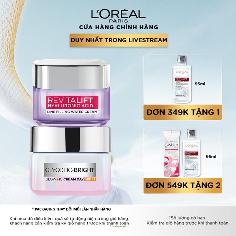Bộ 2 kem dưỡng ngày đêm: Kem Dưỡng Ban Ngày L'Oreal Paris Glycolic - Bright Glowing Cream Day - SPF 17 50ml và Kem dưỡng cấp ẩm mịn da L'oreal Paris Revitalift Hyaluronic Acid 50ml Làm Đẹp Da