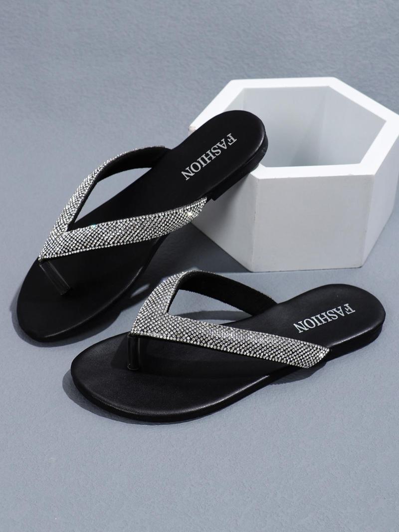 Product Introduction of Women's Rhinestone Decorated Flat Flip Flops, 1 Pair Fashionable Casual Versatile Beach Slippers, Summer Beach Shoes for Women & Girls 19