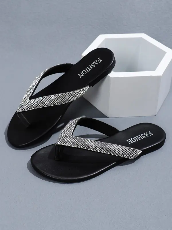 Women's Rhinestone Decorated Flat Flip Flops, 1 Pair Fashionable Casual Versatile Beach Slippers, Summer Beach Shoes for Women & Girls 8