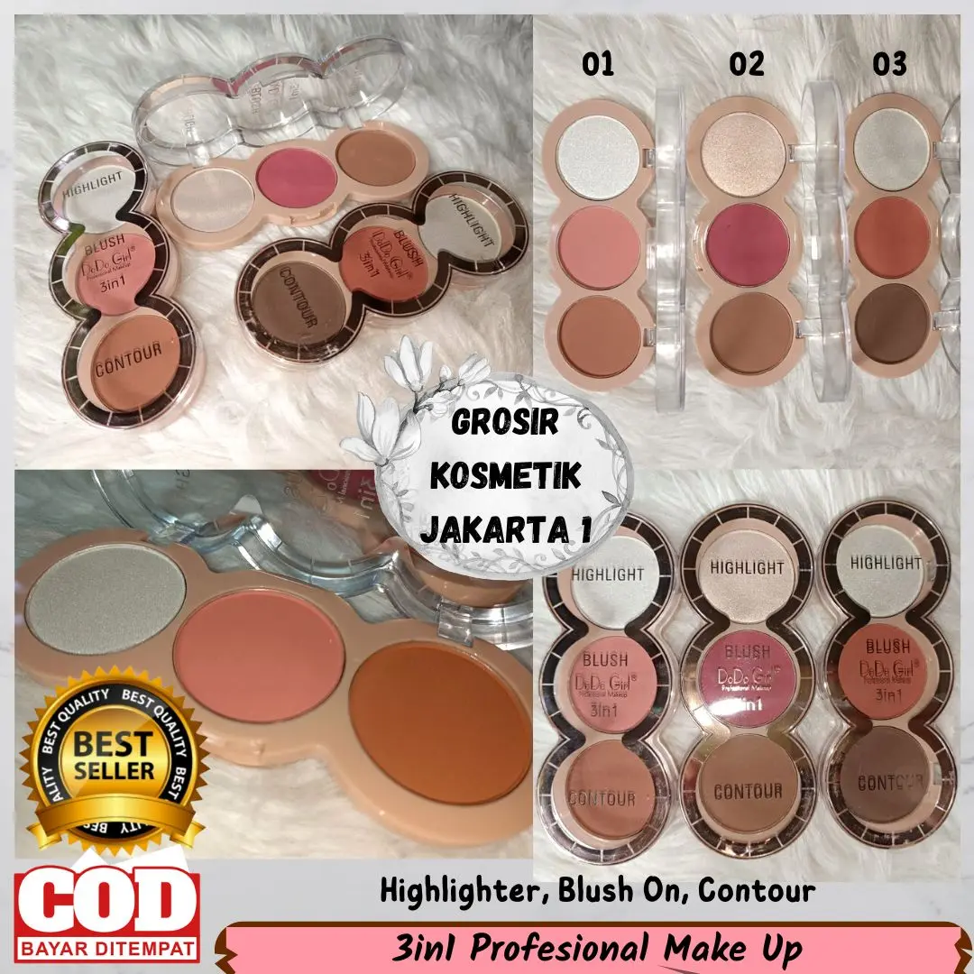 Best Seller / COD / Do Do Girl 3in1 Make up Palette ( Highlighter , Blush , Contour ) / Set Make Up Profesional / Highlighter Murah Blush On , Contour Elegan GROSIR KOSMETIK JAKARTA 1 Glitter