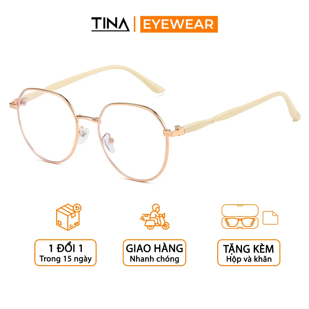 Gọng kính cận nữ dáng oval thời trang TINA kim loại cao cấp thanh mảnh nhẹ nhàng cuốn hút mắt kính 0 độ chống ánh sáng xanh K156
