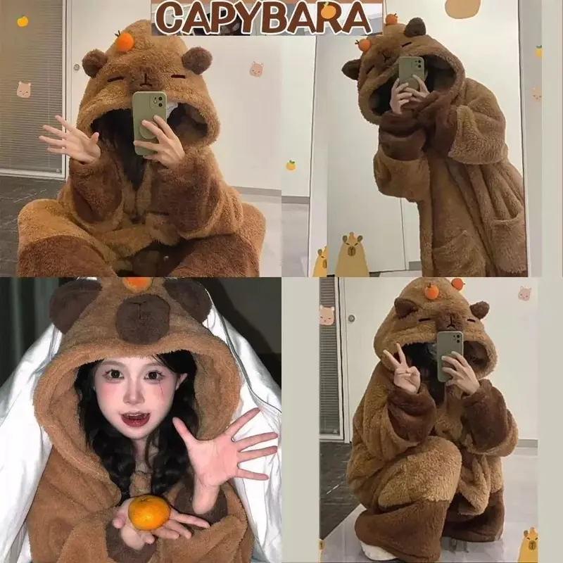 (FreeSize 40~65kg)Áo choàng ngủ Capybara dáng rộng vải lông cừu mềm mại có mũ trùm đầu(MHB00170BBVT) 4