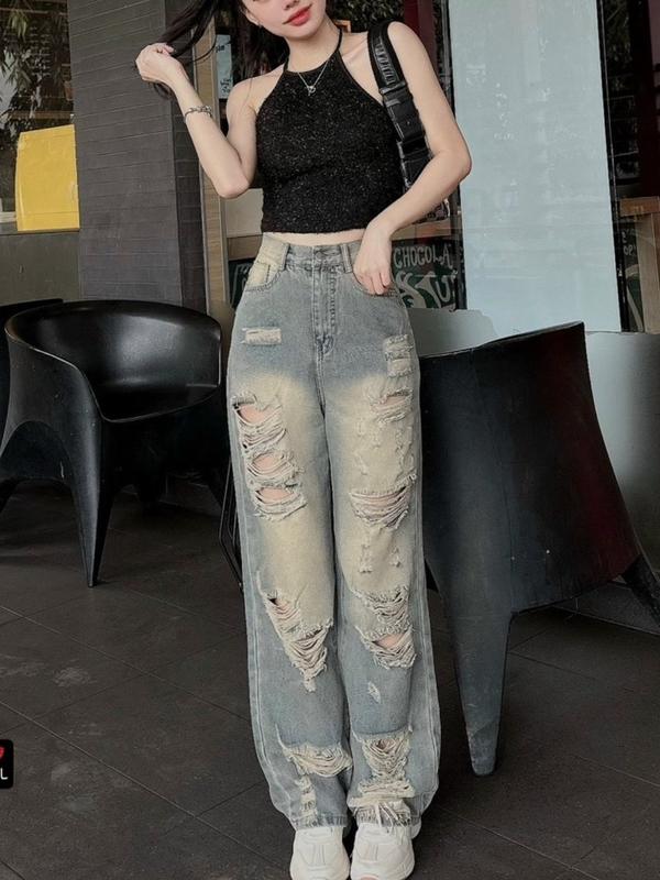 QUẦN JEAN ỐNG RỘNG NỮ LƯNG CAO RÁCH TE TUA HAI ĐÙI GỐI MÀU XANH NHẠT BỤI BẶM CÁ TÍNH PHÁ CÁCH CỰC CHẤT