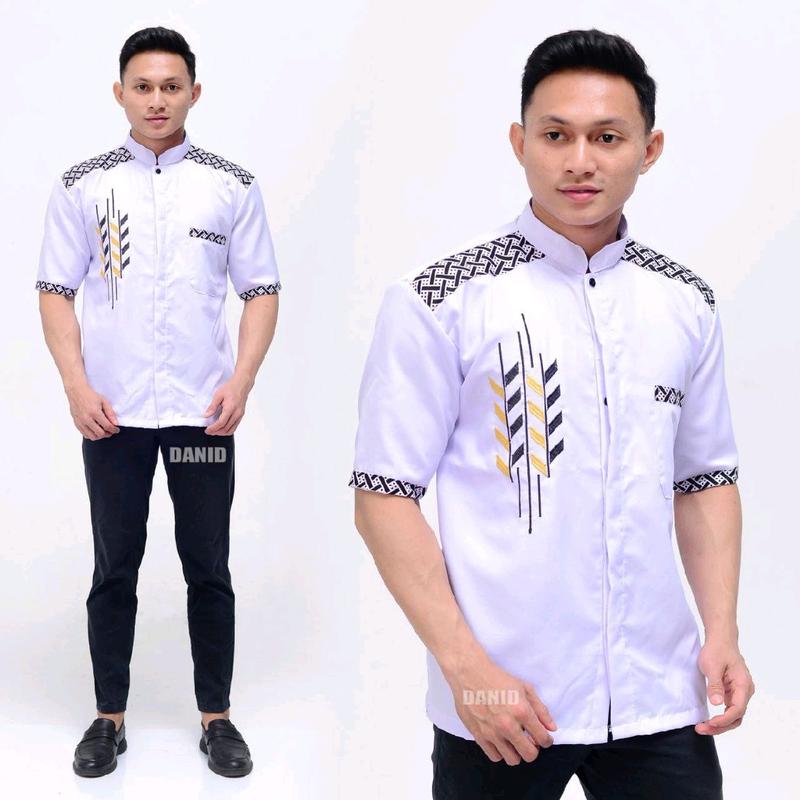 BAJU KOKO PRIA BORDIR PUTIH LENGAN PENDEK TERBARU TH 2023 Katun muslim formal muda dewasa Motif Kurta 6
