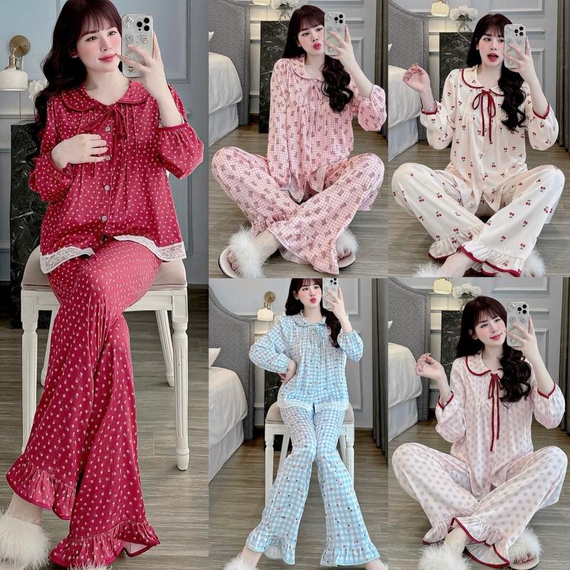 Bộ Pijama Lụa Latin Dáng Tiểu Thư Sang Chảnh Mềm Mịn Màu Sắc Đẹp Sang Cổ Sen Tròn Buộc Dây Nơ Cho Nữ Women Quần Ngủ Áo Ngủ Voi
