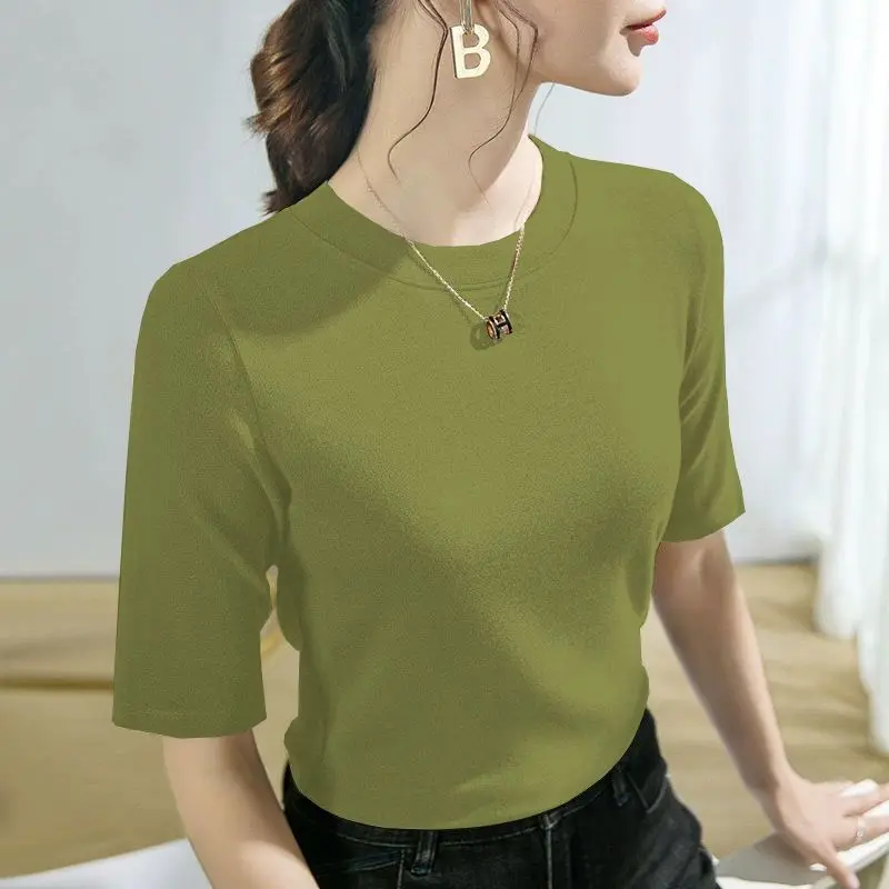 Women's Half Sleeve T-shirt Black Summer round Neck Simple Design This Year Popular Slim Thread Top Base