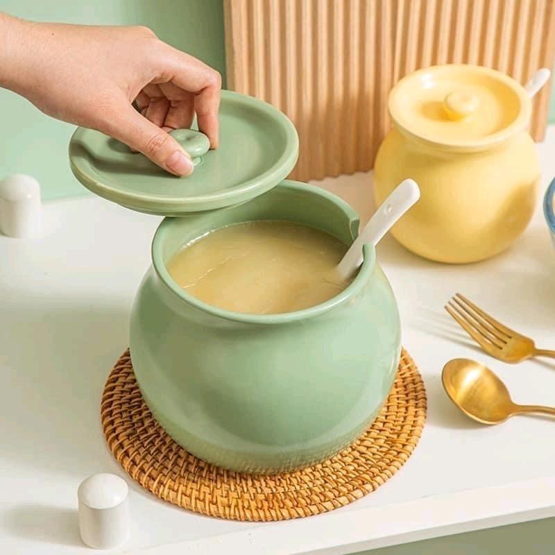   Tặng Lọc   Liễn Dựng Mỡ Kèm Thìa Bằng Gốm Sứ Sang Trọng Hũ Thố Gốm Đựng Gia Vị Đa Năng 