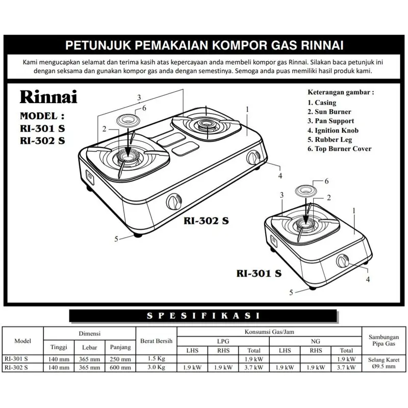 KOMPOR GAS RINNAI 1 TUNGKU RI301S KOMPOR RINAI SATU TUNGKU MURAH PROMO 1 SET PLUS SELANG REGULATOR 3