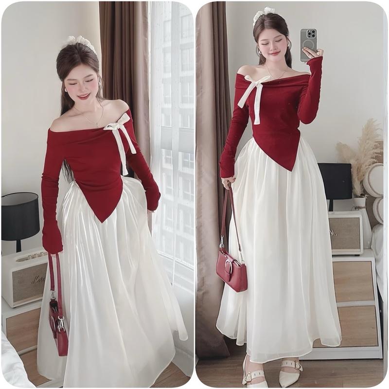 Sét Váy Trễ Vai D01 Gồm Áo Vạt Nhọn Nơ Vai + Chân Váy Dài Tơ Xốp