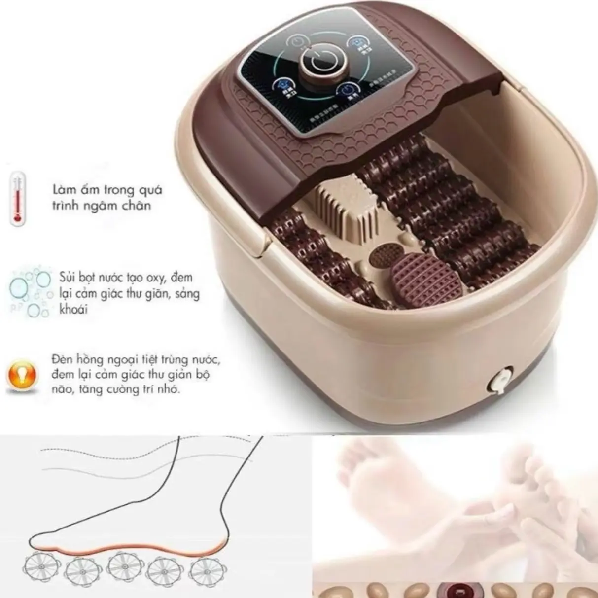 Bồn ngâm chân có con lăn massage, Chậu ngâm chân massage 500W tự đun nước nóng có đèn hồng ngoại Máy Massage