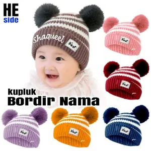 Topi Bayi Kupluk Rajut Pom-Pom Motif Salur Free Bordir Nama