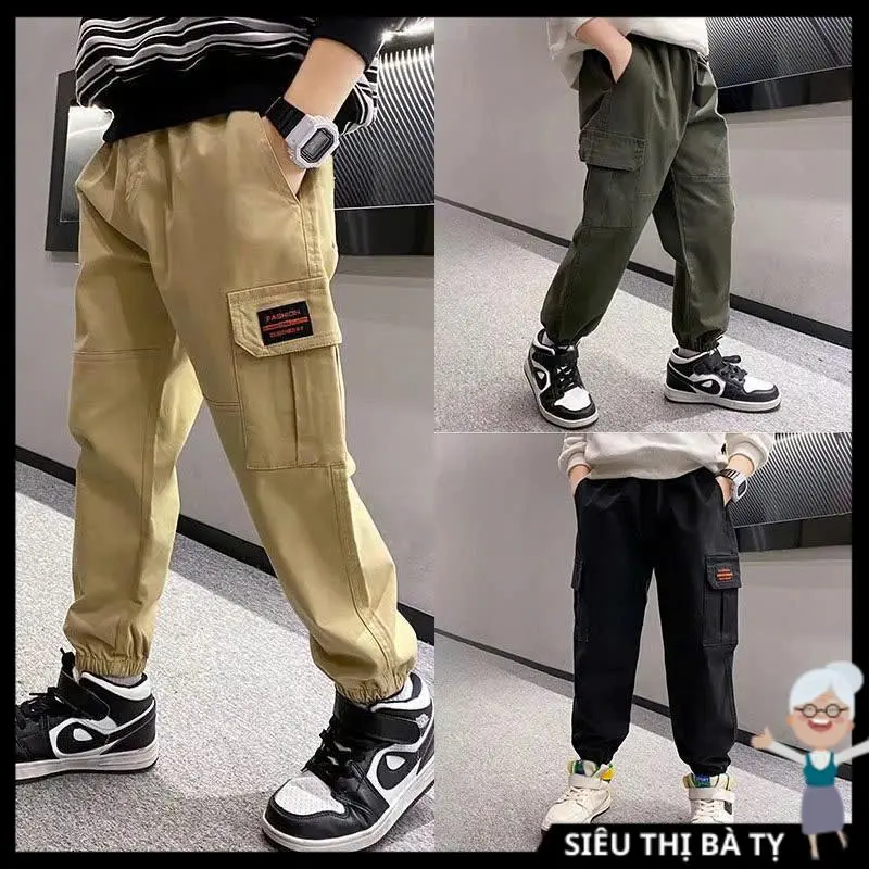 Quần vải kaki nam túi hộp màu đen, xanh rêu, nâu cho bé trai size nhỡ đại 18-52kg, quần dài kaki cho trẻ em nam mẫu FS