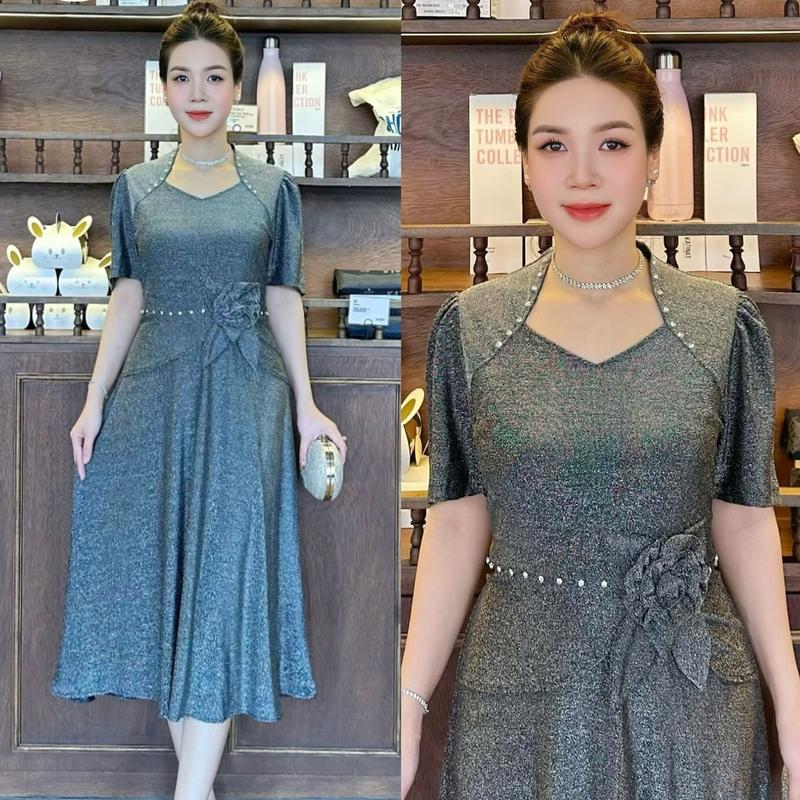 Đầm Đi Tiệc Mã VH732 Dáng Lững Cổ Nữ Hoàng Chất Nhũ Đính Ngọc Thủ Công Co Giãn có size từ 48kg đến 75kg cho Nữ - Women Dress Thun váy mặc xoè chân 6