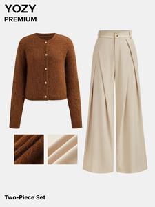 YOZY Women's Solid Button Front Cardigan & Wide Leg Pants Two-piece Set, Casual Long Sleeve Round Neck Knitwear & Trousers for Fall & Winter, Women's Clothes for Daily Wear