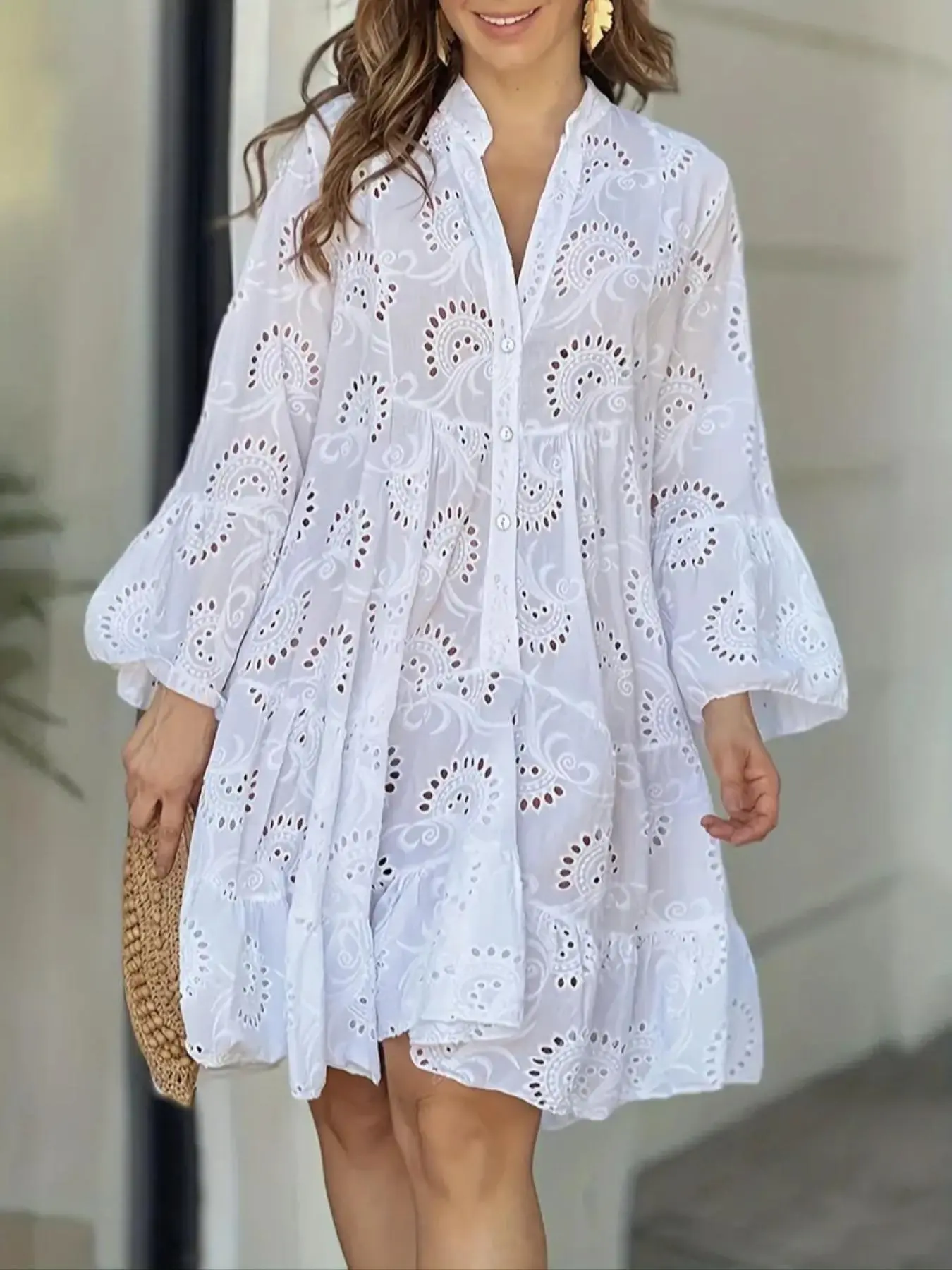 Women's Plain Eyelet Embroidery Ruffle Hem Notched Neck Dress, Casual Flounce Sleeve Button Short Dress for Summer, Ladies Clothes for Daily Wear