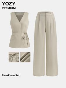 YOZY Women's Solid Color Top & Wide Leg Pants Two-Piece Set, Casual Fashion Cozy Top & Trousers for Daily Outdoor Wear, Ladies Clothes for All Seasons