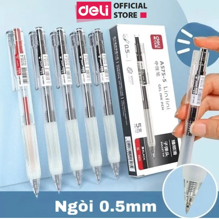 Bút gel Deli A575 mực xanh, đen 0.5mm cho văn phòng và học sinh - Mực nhiều, viết trơn mượt, phù hợp để luyện chữ, học tiếng Trung, Hàn, Nhật