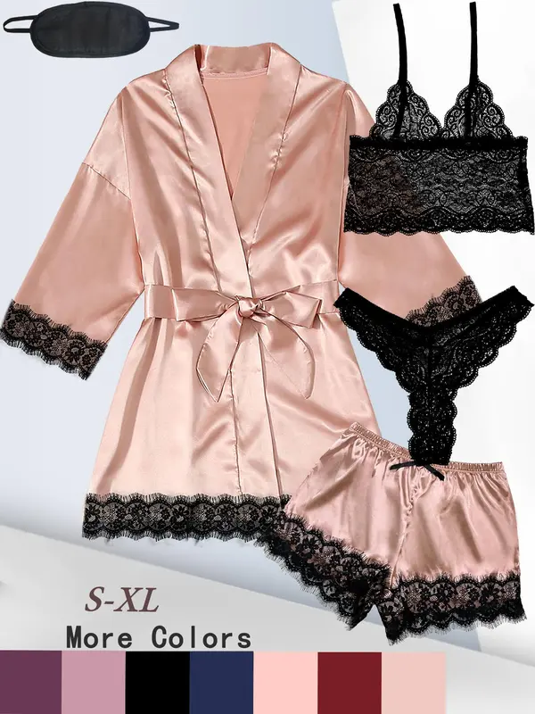 5 Counts Women's Contrast Lace Satin Pyjama Set, Casual Cami Top & Thong & Belted Wrap Lounge Robe & Bow Elastic Waist Shorts & Eye Mask Set, Pajama Sets Women, Lounge Sets, Women's Loungewear Set, Bedroom Pajamas for Married Women, Nightwear 0
