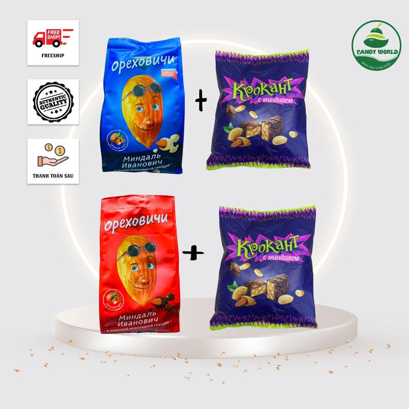 Combo Kẹo socola Tím Kpokaht 500gr + Socola Hạnh Nhân Nga 400gr Snack Thức Ăn Sô Cô La Ăn Vặt Chocolate Food socola bọchạnhnhân