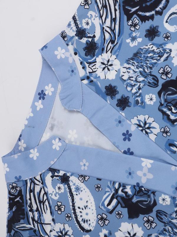 Women's Ditsy Floral Print Patchwork Tiered Layer Smock Dress, Boho Flounce Sleeve   Short Dress for Daily Wear, Ladies Dress for Spring & Fall 2