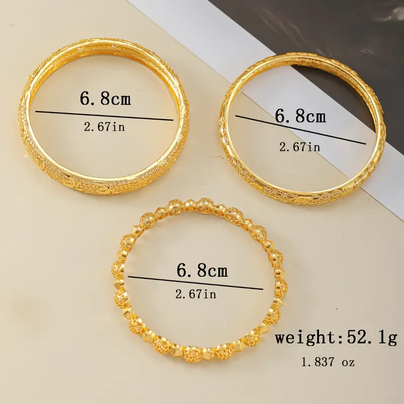3pcs set of Middle East Dubai jewelry for brides, luxurious national style Golden-plated bracelets, African Ethiopian Women's wedding bracelet sets suitable daily wear by women, all-season accessories mother's day gift 3