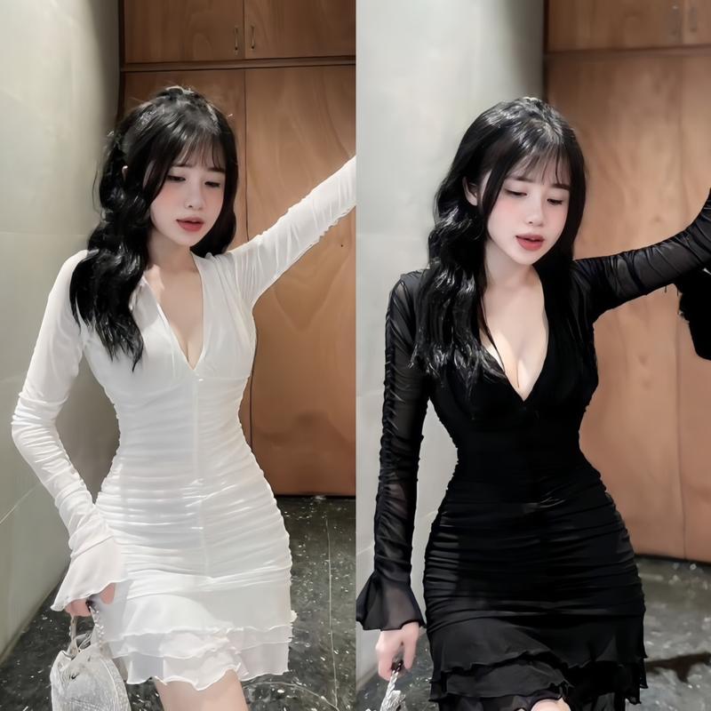 Đầm Lưới V Nhún Thân Đuôi Cá Tay Dài Loe 2 Lớp Khoá Kéo Kèm Tag Đá Nữ Kem Women Dress  váy thường mặc đầm trắng áo đen đầm  body