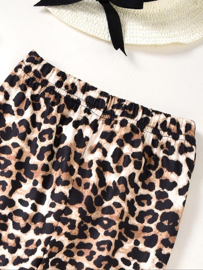 Product Introduction of Toddler Girl's Solid Fake Buttons Top & Leopard Print Flare Leg Pants Two-piece Set, Casual Fashion Cozy Two Piece Outfits for Daily Outdoor Wear, Toddler Girls Clothing for Summer 5