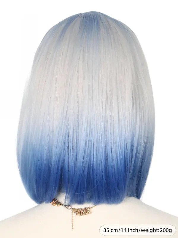 14 Inch Blue & White Short Bob Wigs for Women, Gorgeous Fluffy Wigs with Bangs, Synthetic Full Machine Wigs for Party, Daily Use 1