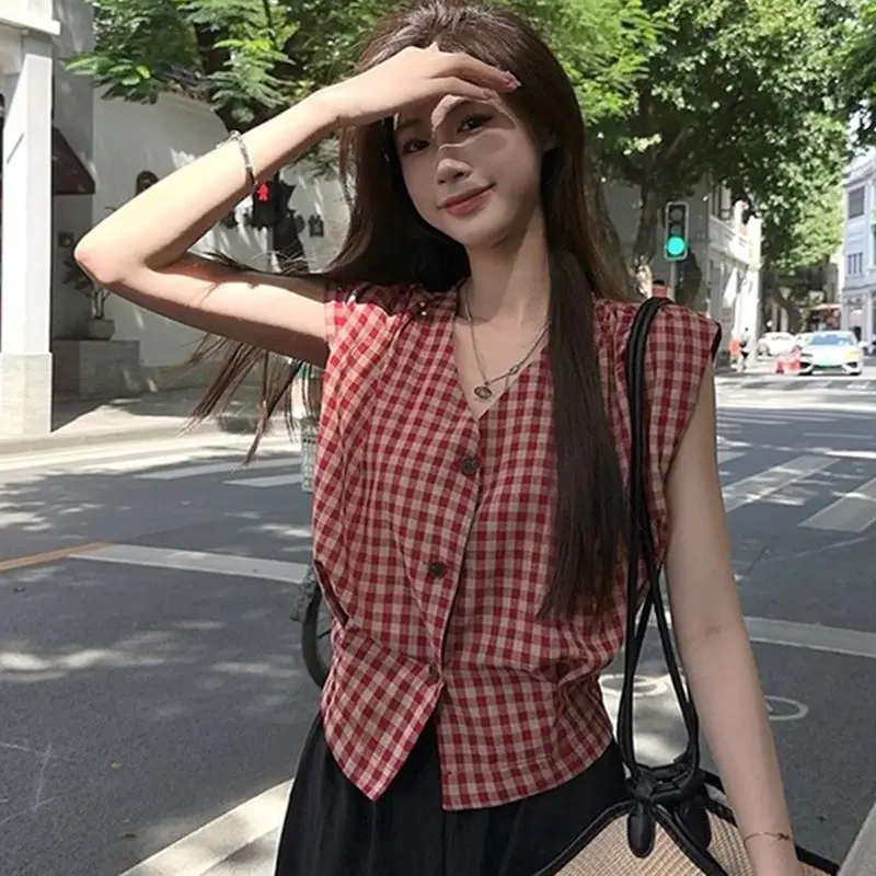 Áo Sơ Mi Vest Kẻ Sọc, Cổ Chữ V, Thiết Kế Khối Màu, Dành Cho Nữ, Phong Cách Cổ Điển Thiết Kế Dễ Thương Và Gợi Cảm, Bó Eo, Áo Thích Hợp, Hàng Mới Về Mùa Hè