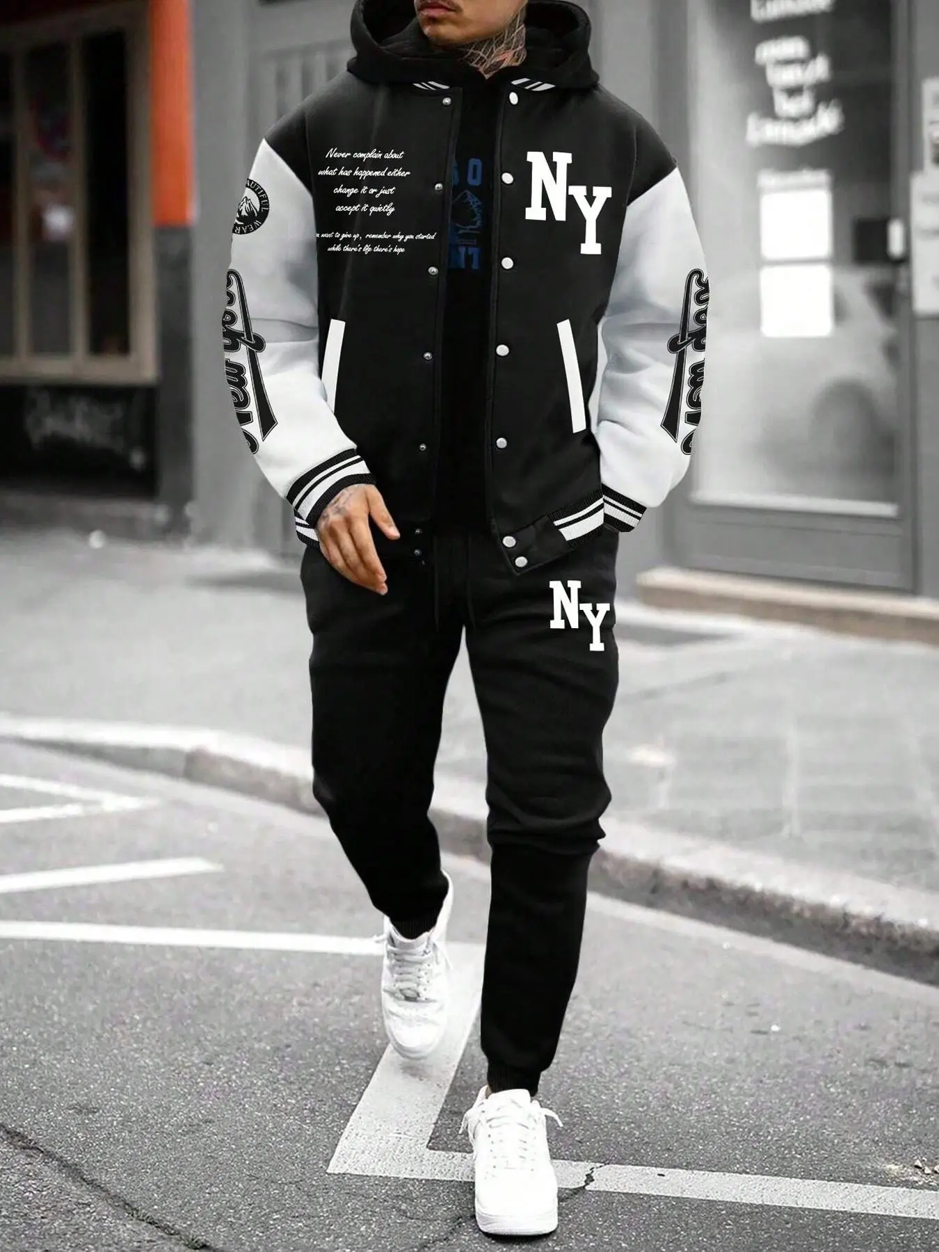 Two-piece Set Men's Colorblock Letter Print Button Front Jacket & Drawstring Waist Sweatpants, Regular Fit Casual Long Sleeve Outerwear & Pocket Jogger Pants for Daily Wear, Men's Outfits for Fall & Winter, Men's Paris Tracksuit, Men's 2 Piece Set