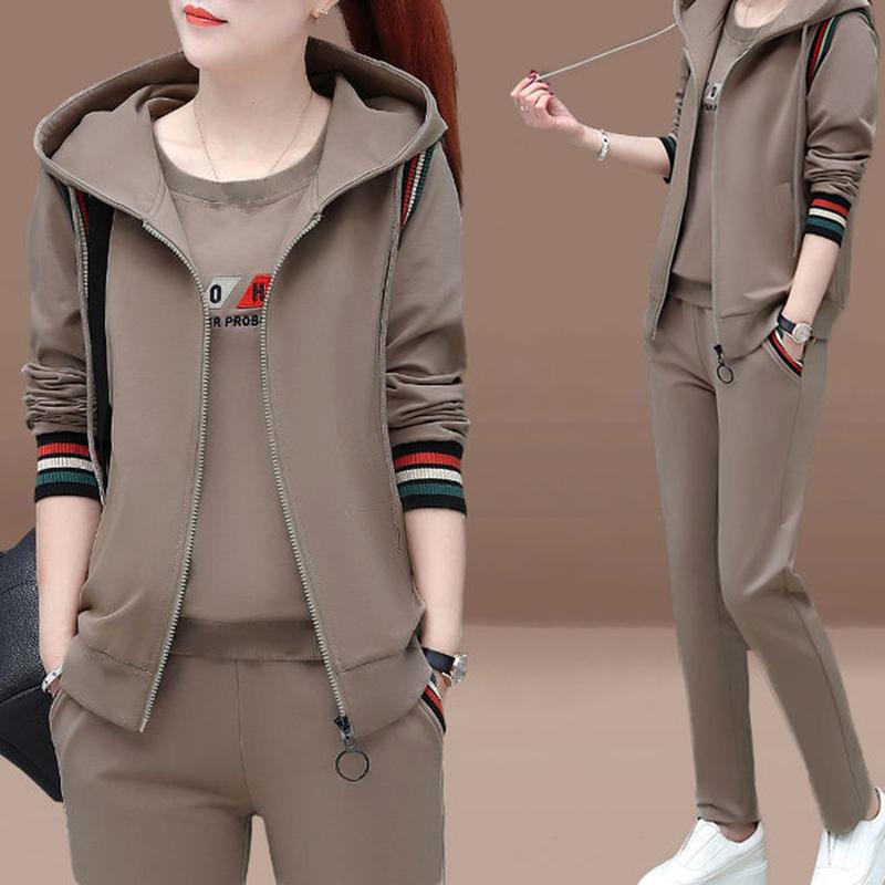Bộ Áo Nỉ Và Quần, Áo Khoác Không Tay Có Mũ, Cổ Tròn, In Họa Tiết Rộng Rãi, Ấm Áp, Eo Co Giãn, Dây Kéo, Bộ Đồ Thể Thao Mùa Thu Để Mặc Hàng Ngày, 3 Cái / bộ 5