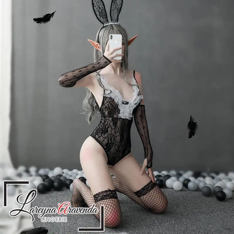 (COD) Lingerie Seksi + Bando + Sarung Tangan Model Kostum Kelinci Renda LG132