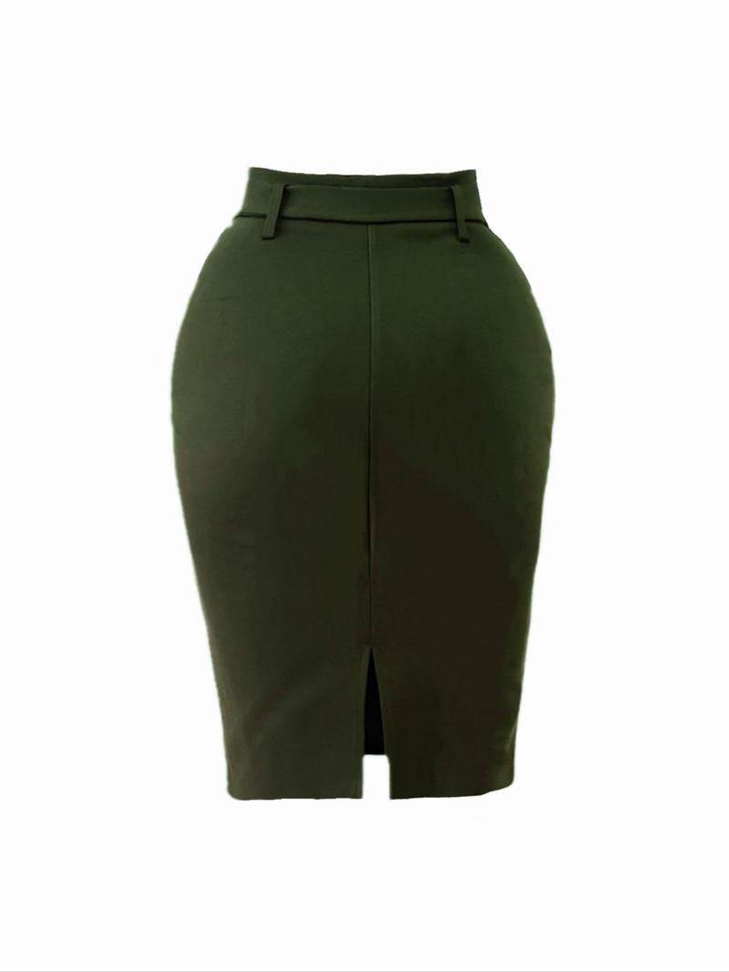 Product Introduction of Women's Appliques Belted Split Back Bodycon Skirt, Elegant Solid Color Knee Length Pencil Skirt for Party Holiday Wedding Guest, Ladies Bottoms for All Seasons 5