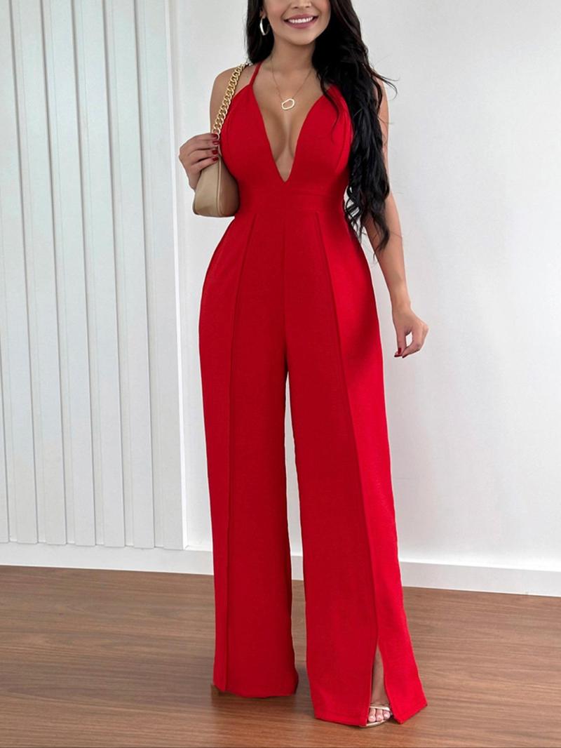 Product Introduction of Women's Solid Color Backless Jumpsuit, Elegant Fashion Casual Wide Leg Jumpsuit for Daily Outdoor Wear, Ladies Clothes for All Seasons 2