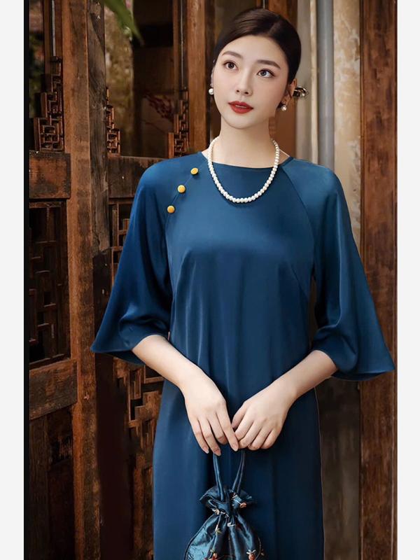 Áo Dài Cách Tân Dáng Suông Xưa Vải Lụa Mềm Mại - Phối Cúc Nhẹ Nhàng - TL 2