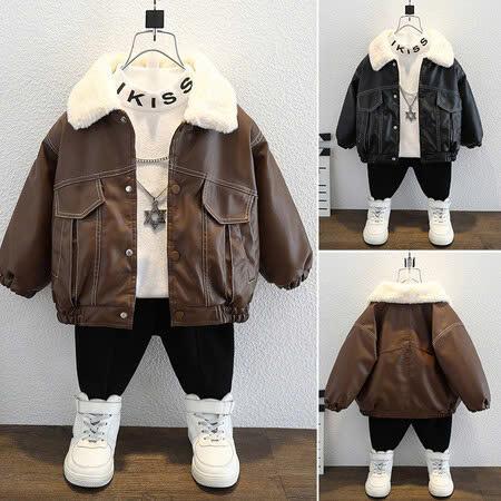 Áo khoác da THÊU CHỈ NỔI lót lông dày ấm chất da bóng lì cho bé trai đi học đi chơi size 9-32kg