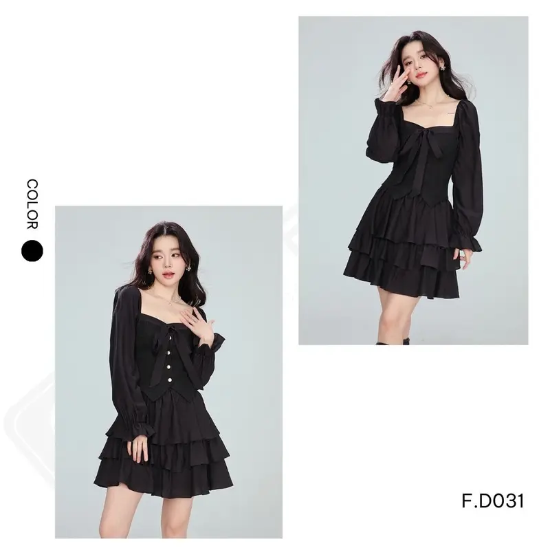 Đầm Xinh, Váy Dáng Ngắn Cổ Vuông FALI Tay Loe Phong Cách Thanh Lịch Mùa Thu Đông F.D031 5