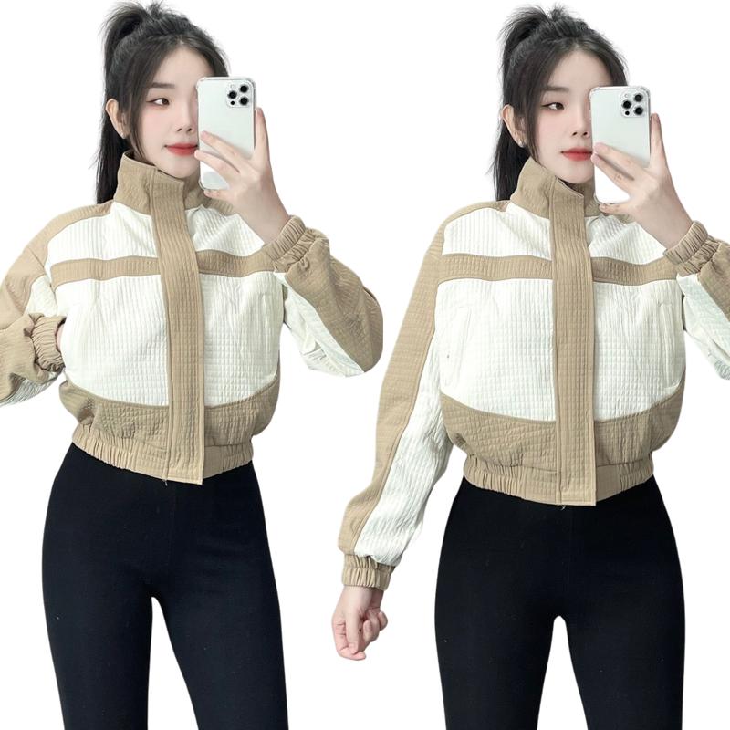Áo khoác caro 2 da phối màu cổ trụ túi khóa kéo - Freesize 40-55kg - RTEE SHOP - Nữ Top Jacket Women Nâu 7