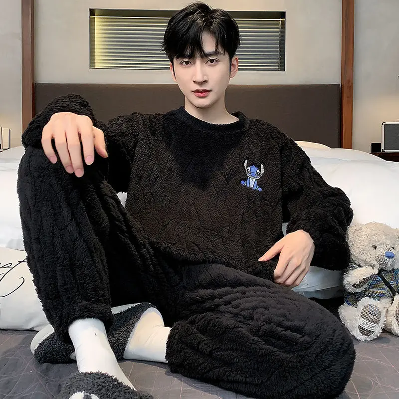 Bộ Đồ Ngủ Stitch, Dành Cho Nam Giới, Mùa Thu Và Mùa Đông, Lót Lông Cừu, Đệm, Giữ Nhiệt, Làm Bằng Lông Cừu San Hô, Thích Hợp Cho Giới Trẻ, Bộ Đồ Mặc Nhà Làm Bằng vải nỉ, 2024