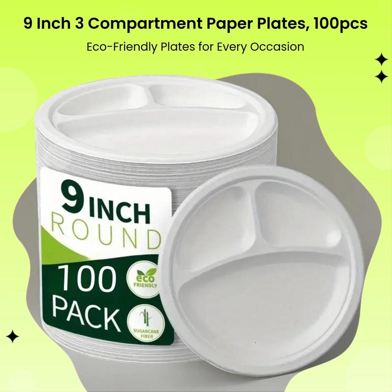 9 Inch Disposable Paper Plate, 100pcs/set 3 Compartment Disposable Paper Plate, Disposable Tableware for Party, Picnic, Camping 1