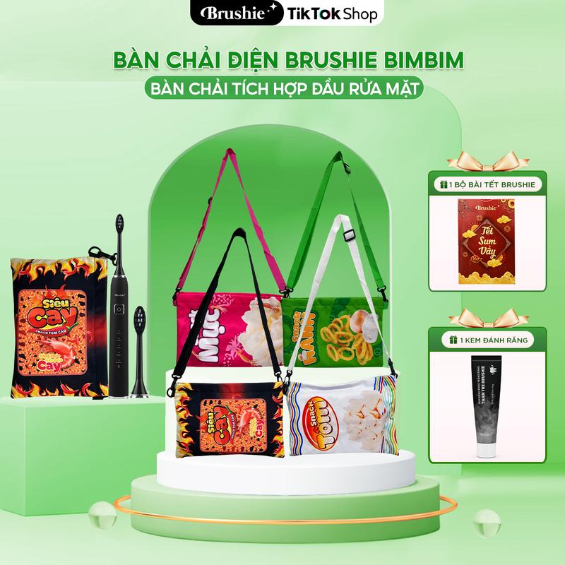[DEAL SIÊU HỜI] Bàn chải điện Brushie BimBim - TẶNG Bộ bài Tết + Kem đánh răng - Chính hãng tích hợp đầu rửa mặt hỗ trợ làm sạch hiệu quả và tiết kiệm chi phí  [ Bảo hành 1000 NGÀY ] Nữ hỗ trợ Trắng Răng TiktokNoel