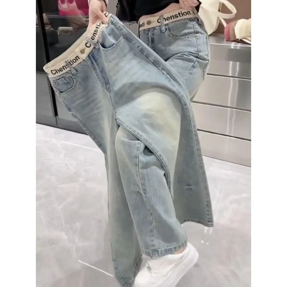 High Waist Straight Jeans for Women 2024 New Spring Slim Mop Pants plus Size Western Style Washed Light Color Wide Leg Pants